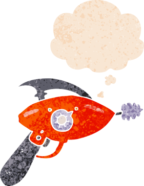 Düşünce baloncuklu karikatür ışın tabancası bir insan tarafından çizilmiş dertli retro desen tarzı