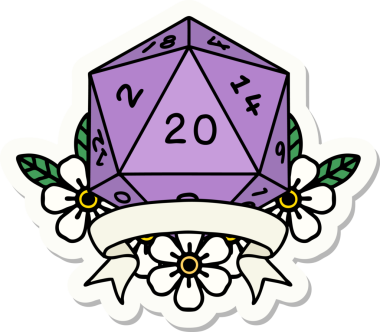 Bir insan tarafından çizilmiş 20 kritik vuruşluk D20 zar etiketi.