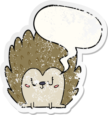 Tatlı çizgi film kirpisi. Konuşma baloncuğu olan. Bir insan tarafından çizilmiş sıkıntılı eski bir çıkartma.