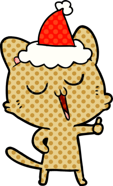 Bir insan tarafından çizilmiş Noel Baba şapkası takan bir kedinin el çizimi çizgi roman tasviri.