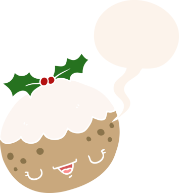 Bir insan tarafından çizilmiş konuşma baloncuklu tatlı çizgi film pudingi.