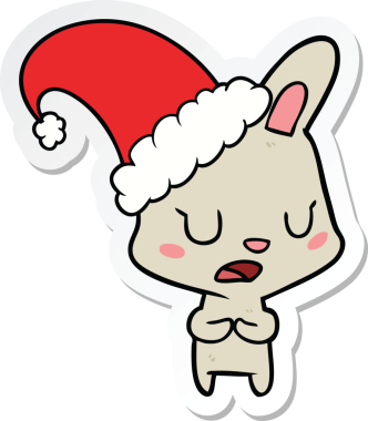 Bir insan tarafından çizilmiş Noel şapkası takan çizgi film tavşanının çıkartması.