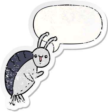 Konuşma baloncuğu olan çizgi film böceği bir insan tarafından çizilmiş sıkıntılı eski bir çıkartma