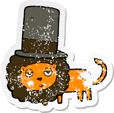 Bir insan tarafından çizilmiş silindir şapkalı bir aslanın gerilimli çıkartması.