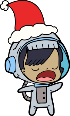 Bir insan tarafından çizilmiş Noel Baba şapkası giyen konuşan astronot bir kadının el çizimi.
