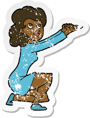 Bir insan tarafından çizilmiş bir karikatür kadın sunum jestinin gerilimli retro yapıştırması