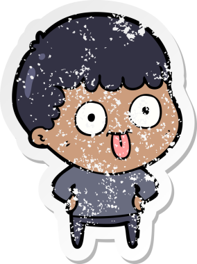 distressed sticker of a cartoon dumb kid drawn by a human