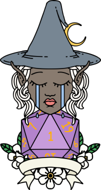 Retro Dövme Tarzı Ağlayan Elf Büyücüsü Karakteri Bir insan tarafından çizilmiş doğal bir zar ile