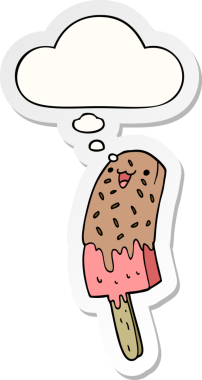 Tatlı çizgi film mutlu buz lolipoplu düşünce balonu bir insan tarafından çizilmiş çıkartma gibi