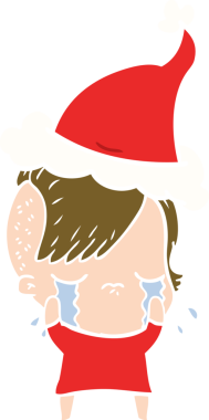 Bir insan tarafından çizilmiş Noel Baba şapkası takan ağlayan bir kızın düz renkli çizimi.