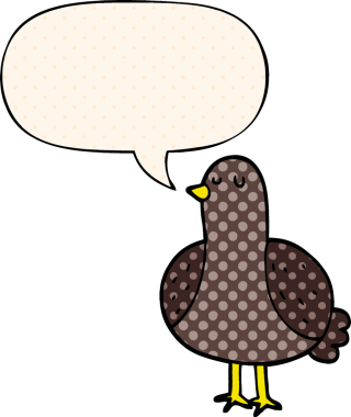 Bir insan tarafından çizilmiş çizgi roman tarzında konuşma baloncuğu olan çizgi film kuşu.