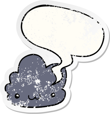 Konuşma baloncuğu olan sevimli çizgi film bulutu bir insan tarafından çizilmiş sıkıntılı eski bir çıkartma