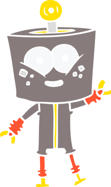 Bir insan tarafından çizilmiş mutlu düz renkli çizgi film robotu