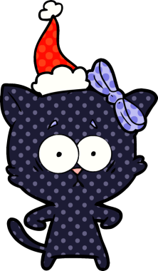 Bir insan tarafından çizilmiş Noel Baba şapkası takan bir kedinin el çizimi çizgi roman tasviri