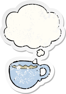 Düşünce baloncuklu çizgi film kahve fincanı insan tarafından çizilmiş yıpranmış bir çıkartma gibi.