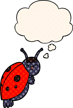 Bir insan tarafından çizilmiş çizgi roman tarzında düşünce balonu olan sevimli uğur böceği.