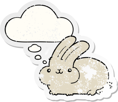 Düşünce baloncuğu olan çizgi film tavşanı insan tarafından çizilmiş yıpranmış bir çıkartma.