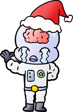 Bir insan tarafından çizilmiş Noel Baba şapkasıyla ağlayan büyük beyinli bir uzaylının gradyan çizimi.