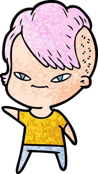 Bir insan tarafından çizilmiş hippi saç kesimli sevimli bir çizgi film kızı.