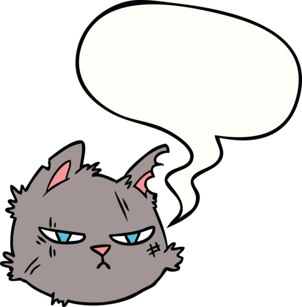 Bir insan tarafından çizilmiş konuşma baloncuklu sert kedi yüzü.