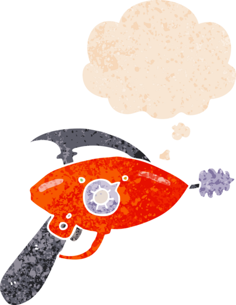 Düşünce baloncuklu karikatür ışın tabancası bir insan tarafından çizilmiş dertli retro desen tarzı