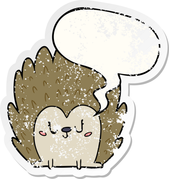 Tatlı çizgi film kirpisi. Konuşma baloncuğu olan. Bir insan tarafından çizilmiş sıkıntılı eski bir çıkartma.