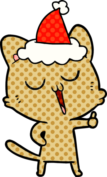 Bir insan tarafından çizilmiş Noel Baba şapkası takan bir kedinin el çizimi çizgi roman tasviri.