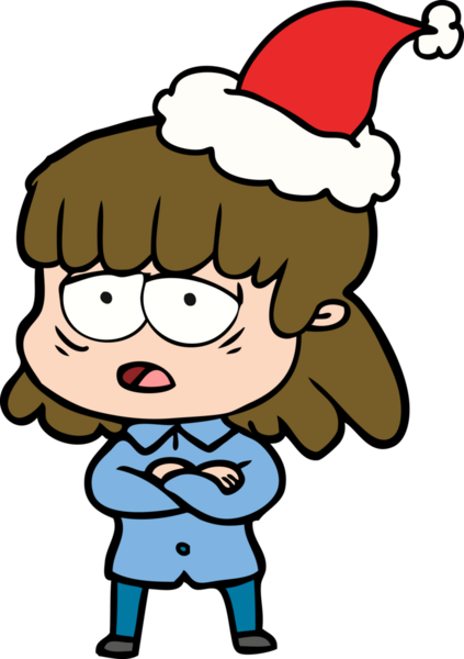 Bir insan tarafından çizilmiş Noel Baba şapkası giyen yorgun bir kadının el çizimi.