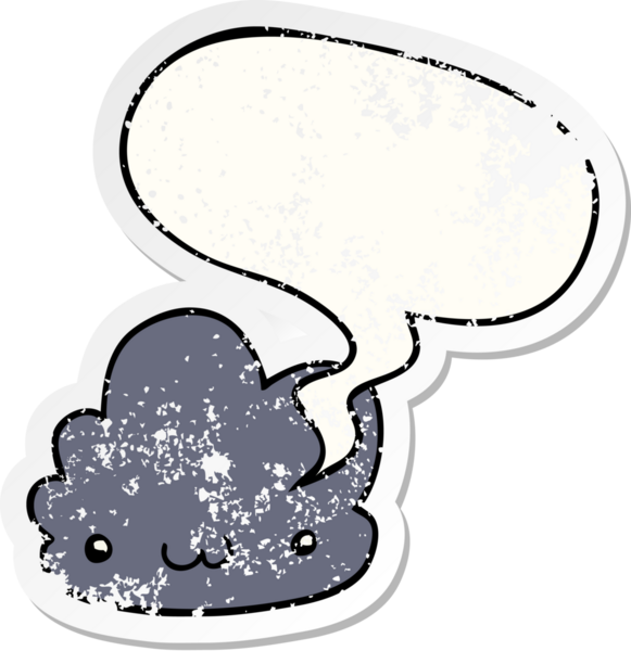 Konuşma baloncuğu olan sevimli çizgi film bulutu bir insan tarafından çizilmiş sıkıntılı eski bir çıkartma
