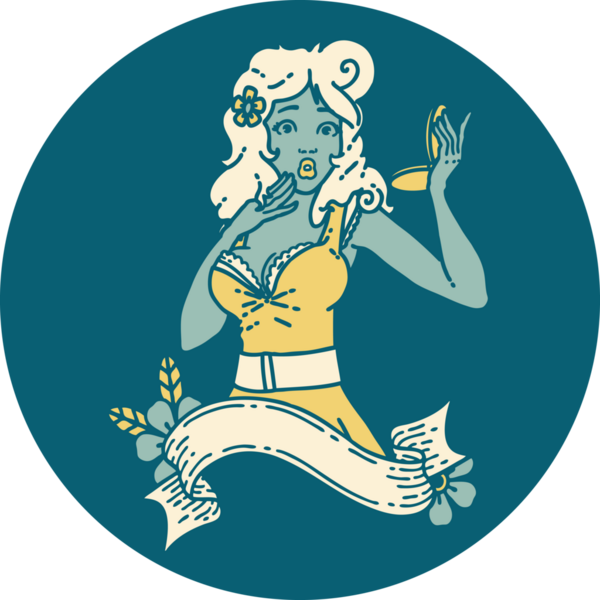 İkonik dövme stili. Bir insan tarafından çizilmiş afişi olan şaşırmış bir kız resmi.