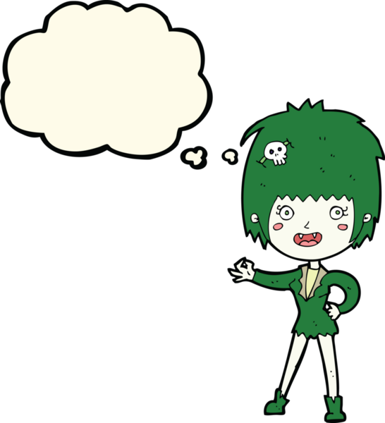 Bir insan tarafından çizilmiş düşünce balonlu vampir kız.