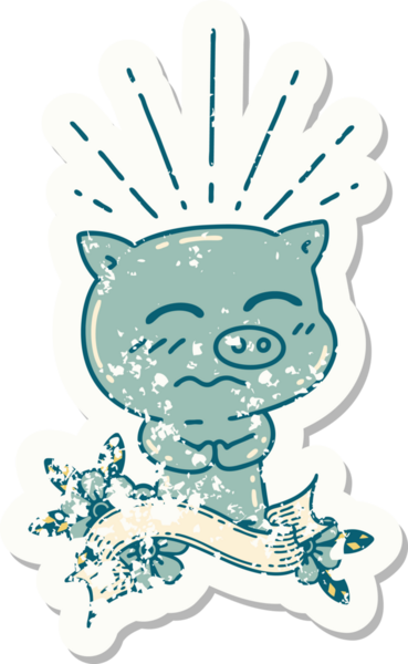 Dövme stili eski bir çıkartma. Bir insan tarafından çizilmiş sinirli bir domuz karakteri.