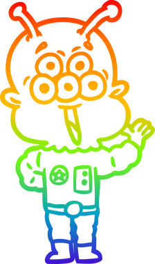 Gökkuşağının gradyan çizimi mutlu bir çizgi film uzaylısının bir insan tarafından çizilmesidir