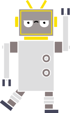 Bir insan tarafından çizilmiş rahatsız bir robotun düz renkli retro karikatürü