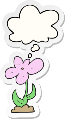 Düşünce baloncuklu karikatür çiçeği insan tarafından çizilmiş bir çıkartma gibi.