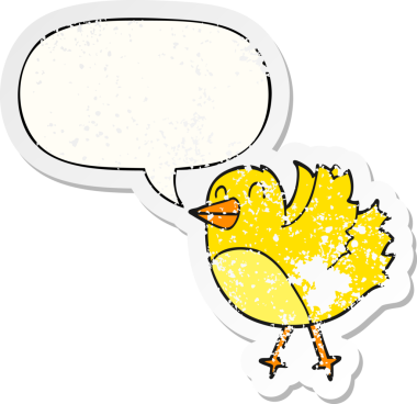 Konuşma baloncuğu olan çizgi film kuşu, bir insan tarafından çizilmiş sıkıntılı eski bir çıkartma.