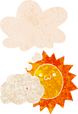 Düşünce baloncuklu karikatür güneş ve bulut grunge sıkıntılı retro dokuma tarzı bir insan tarafından çizilmiş