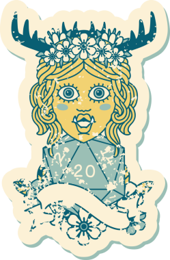 Retro Dövme Biçimi Yarı Ork Druid karakteri Bir insan tarafından çizilmiş doğal 20 zar ile