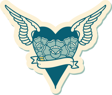 Geleneksel bir dövme stili. Uçan kalp. Çiçekler ve bir insan tarafından çizilmiş bayrak.