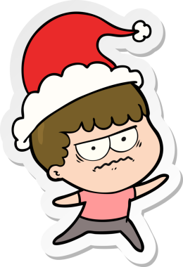 Bir insan tarafından çizilmiş Noel Baba şapkası giymiş sinirli bir adamın el yazısı.