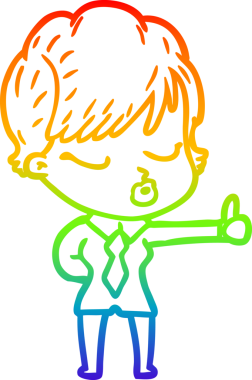 Gökkuşağı gradyan çizgi çizimi bir insan tarafından çizilmiş gözleri olan bir karikatür kadın