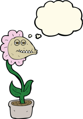 Bir insan tarafından çizilmiş düşünce baloncuklu canavar çiçek.