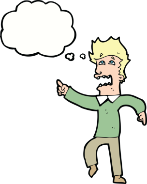 Bir insan tarafından çizilmiş düşünce baloncuğuyla işaret eden korkmuş bir çizgi film.