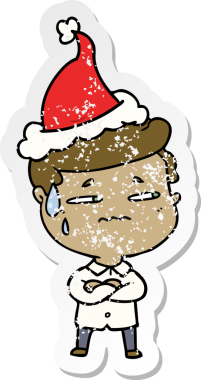 Bir insan tarafından çizilmiş Noel Baba şapkası giymiş endişeli bir adamın el yazısı.