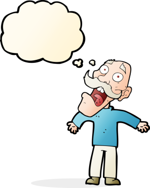 Karikatür, bir insan tarafından çizilmiş düşünce balonlu yaşlı adamı dehşete düşürdü.