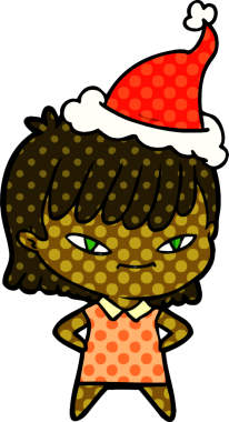 Bir insan tarafından çizilmiş Noel Baba şapkası giyen bir kadının el çizimi çizgi roman tarzı çizimi.