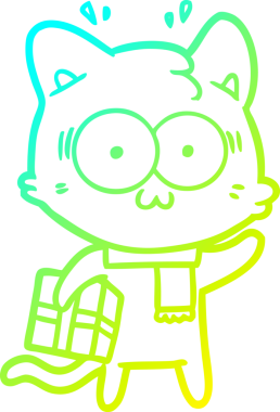 Soğuk gradyan çizgi film çizimi. Bir insan tarafından çizilmiş Noel hediyeli sürpriz kedi.