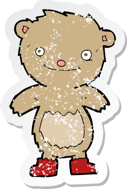 Bir insan tarafından çizilmiş çizme giymiş oyuncak ayının gerilimli çıkartması.