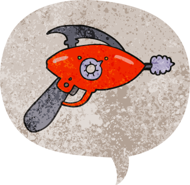 grunge 'da konuşma baloncuğu olan karikatür ışın tabancası bir insan tarafından çizilmiş gerilimli retro desen tarzı