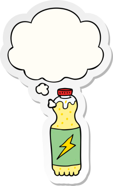 İnsan tarafından çizilmiş bir çıkartma olarak düşünce baloncuğu olan karikatür soda şişesi.